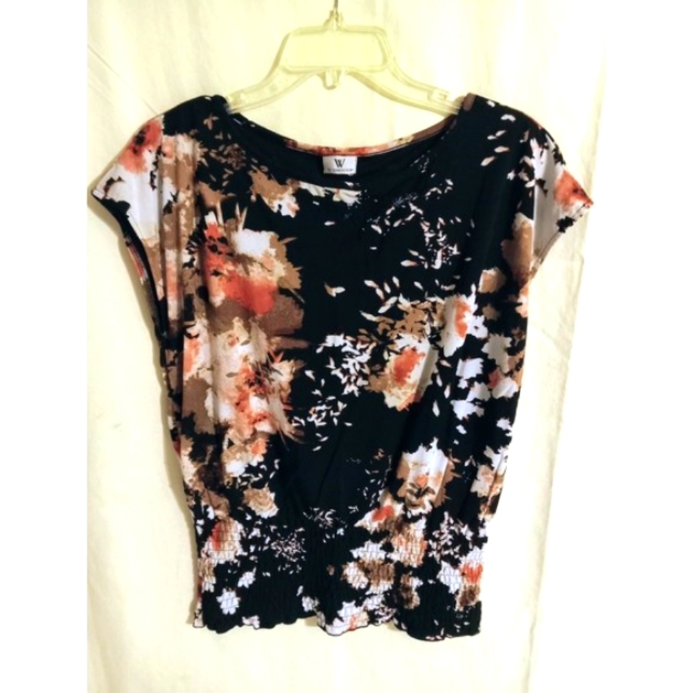 Worthington Black & Orange Floral Bell Sleeve Slimmed Waist Blouse Wms Med